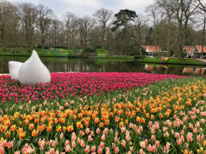 Parterre tulipes multicolores et sculpture contemporaine - Keukenhof Pays-Bas
