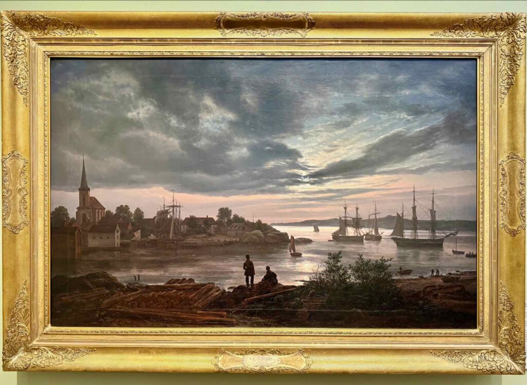 Au Musée national, l'expo permanente retrace l'histoire de la peinture norvégienne et bien plus que cela. Ici, Larvik sous le clair de lune de Johan Christian Dahl, 1839